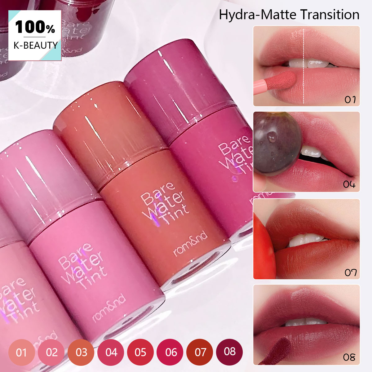 Lip Tint Korean - rom&nd BARE MOOL TINT、水のような軽い質感、べたつかない、ラグジュアリーメイク、長時間保湿、韓国コスメ、K-Beauty、韓国メイク