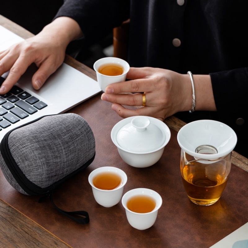 Korean Tea Set - 携帯用中国カンフーティーセット、陶器製ティーポットセット、旅行用ガイワン、茶碗、茶道用ティーカップ、高級ギフト、トラベルバッグ付き