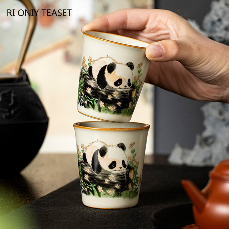 Korean Tea Set - 1個 中国伝統汝窯陶器茶碗 手作り 可愛いパンダ茶碗 家庭用茶碗 マスターカップ
