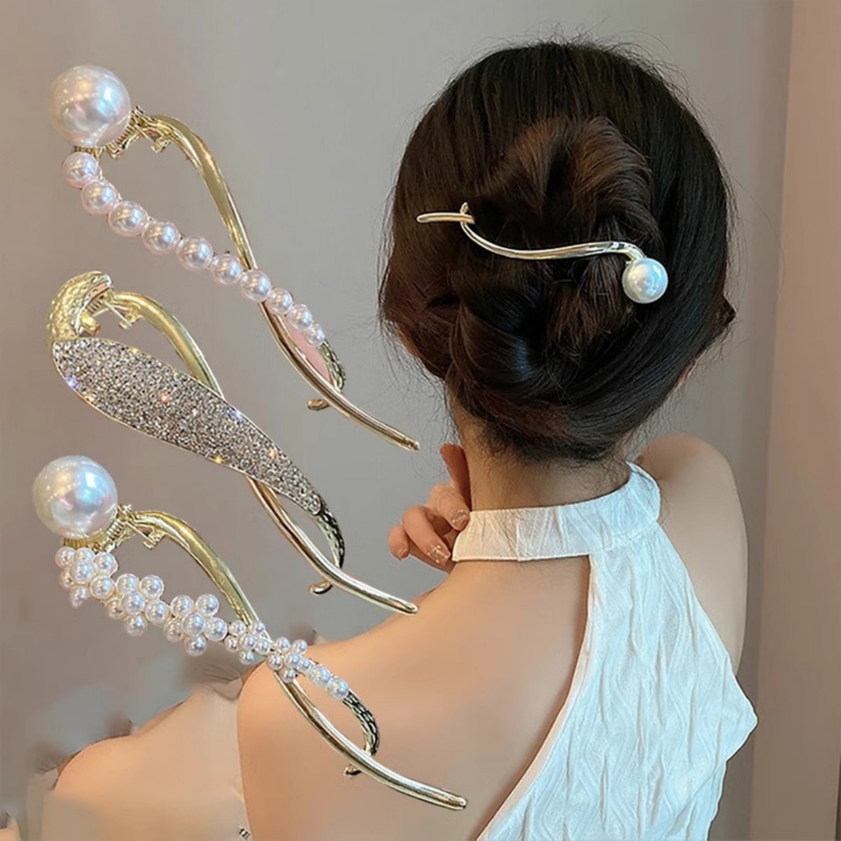 Korean Daily Lifestyle - エレガントなグリッターパールヘアクリップ レディース トレンドツイストヘアクリップ ガールズファッション デイリーライフヘアアクセサリー ジュエリーヘアピン