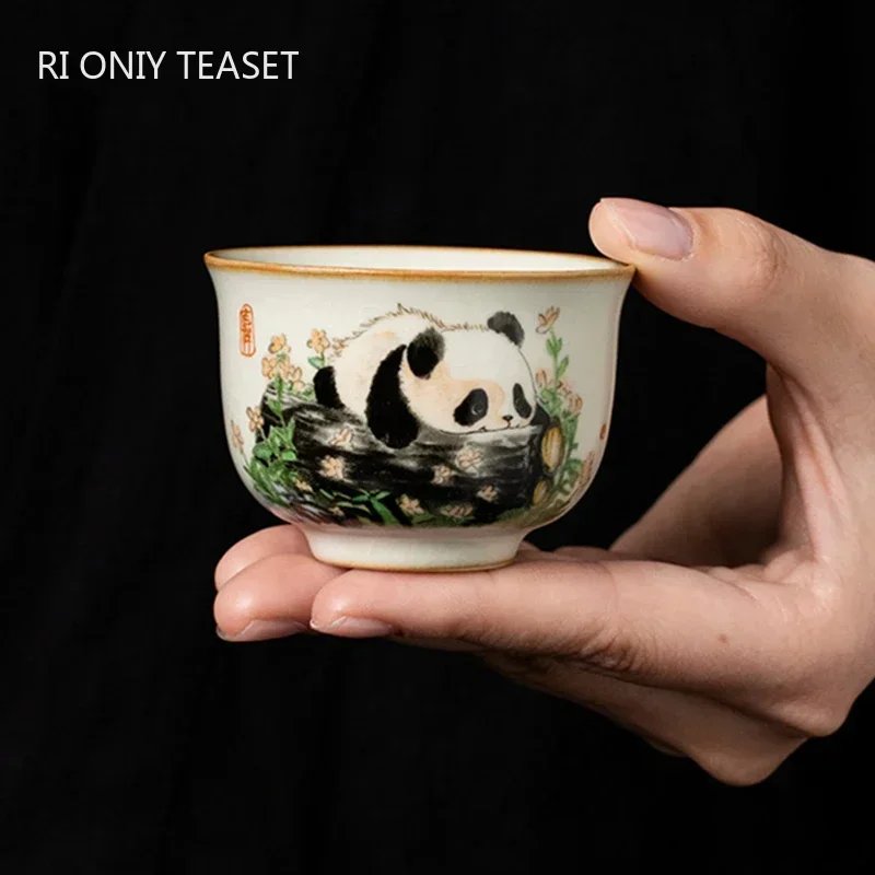 Korean Tea Set - 1 Pc 中国の伝統 Ru 窯セラミックティーカップ手描きのかわいいパンダ茶碗手作りティーカップ絶妙な家庭用ティーセット