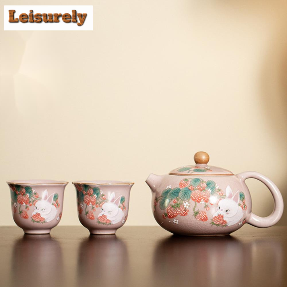 Korean Tea Set - 中国のティーメイキングxishiケトルティーポットとティーカップセット、アンティークピンクのルーバートンテックアップ、イチゴウサギ、1ポットと2カップ、カンフーティー
