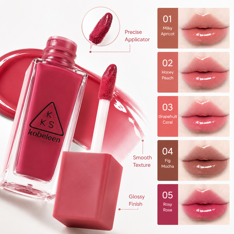 Lip Tint Korean - K-ビューティー ジューシーグラスリップグロスティント、5色展開 保湿 ノンスティッキー ウォータージェルリップティント、長持ちする韓国メイク