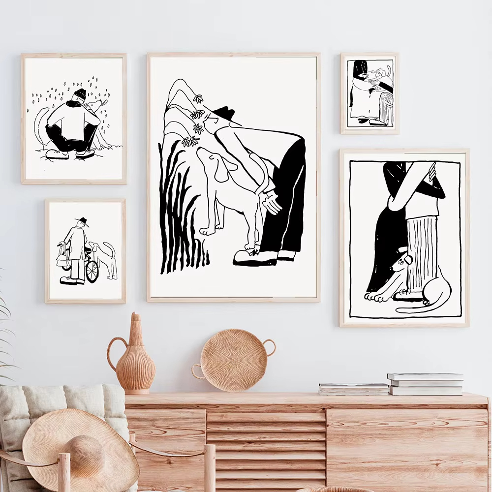 Korean Lifestyle & Kids Boutique Photos - 韓国のミニマリストライフスタイルと愛をテーマにしたポスター、愛し合うカップルとその犬が描かれた楽しいキャンバス、家の装飾、バレンタインデーのギフト