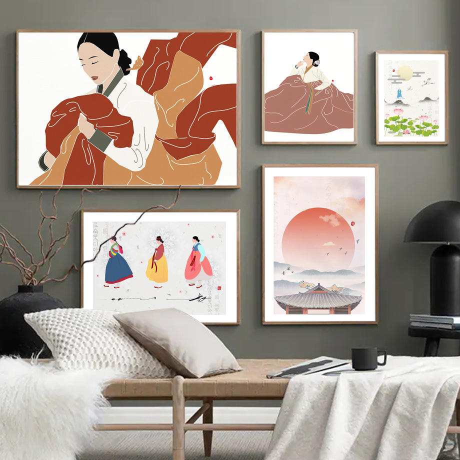 Korean Arts And Lifestyle - 韓国スタイル自由奔放に生きる韓服少女アジアの壁アート美学プリントキャンバス絵画ポスターリビングルームのための現代家の装飾
