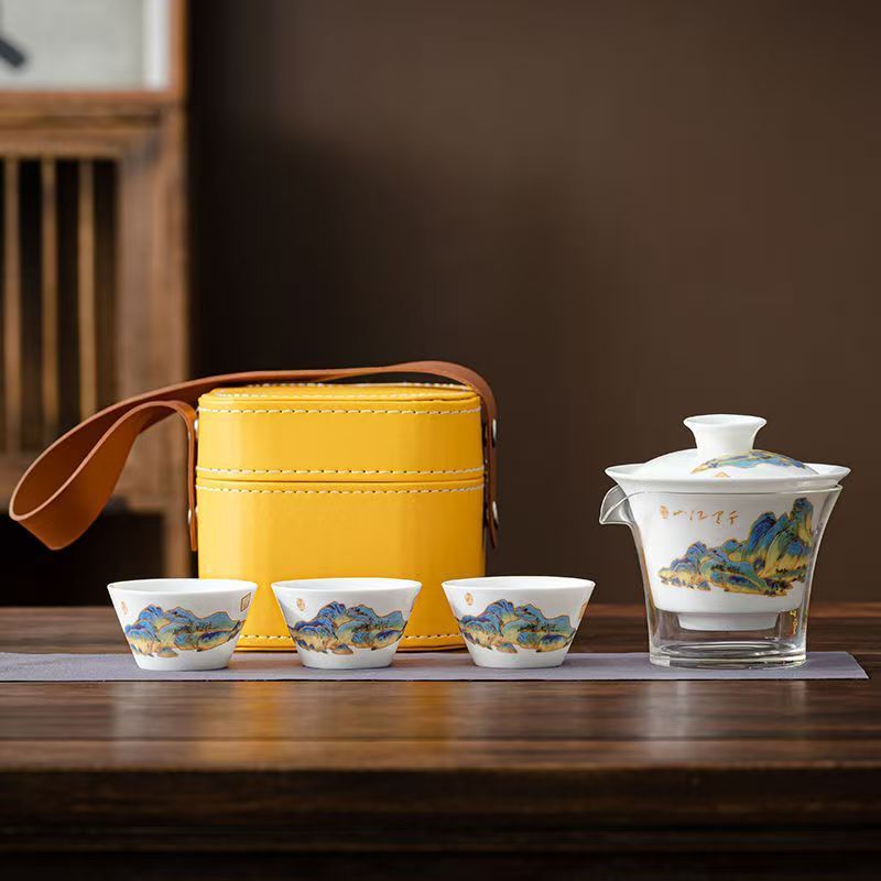 Korean Tea Set - トラベルジェイドホワイト磁器茶器セット、功夫茶器、茶醸造用ケトルセット、アウトドアキャンプ、ミニマリスト、1つの蓋碗、3つのカップ