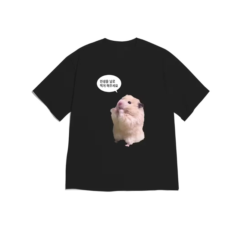 Korean Men Lifestyle - 韓国のレイジーライフスローガンふわふわハムスタープリントTシャツカジュアルオーバーサイズストリートウェア半袖トップ