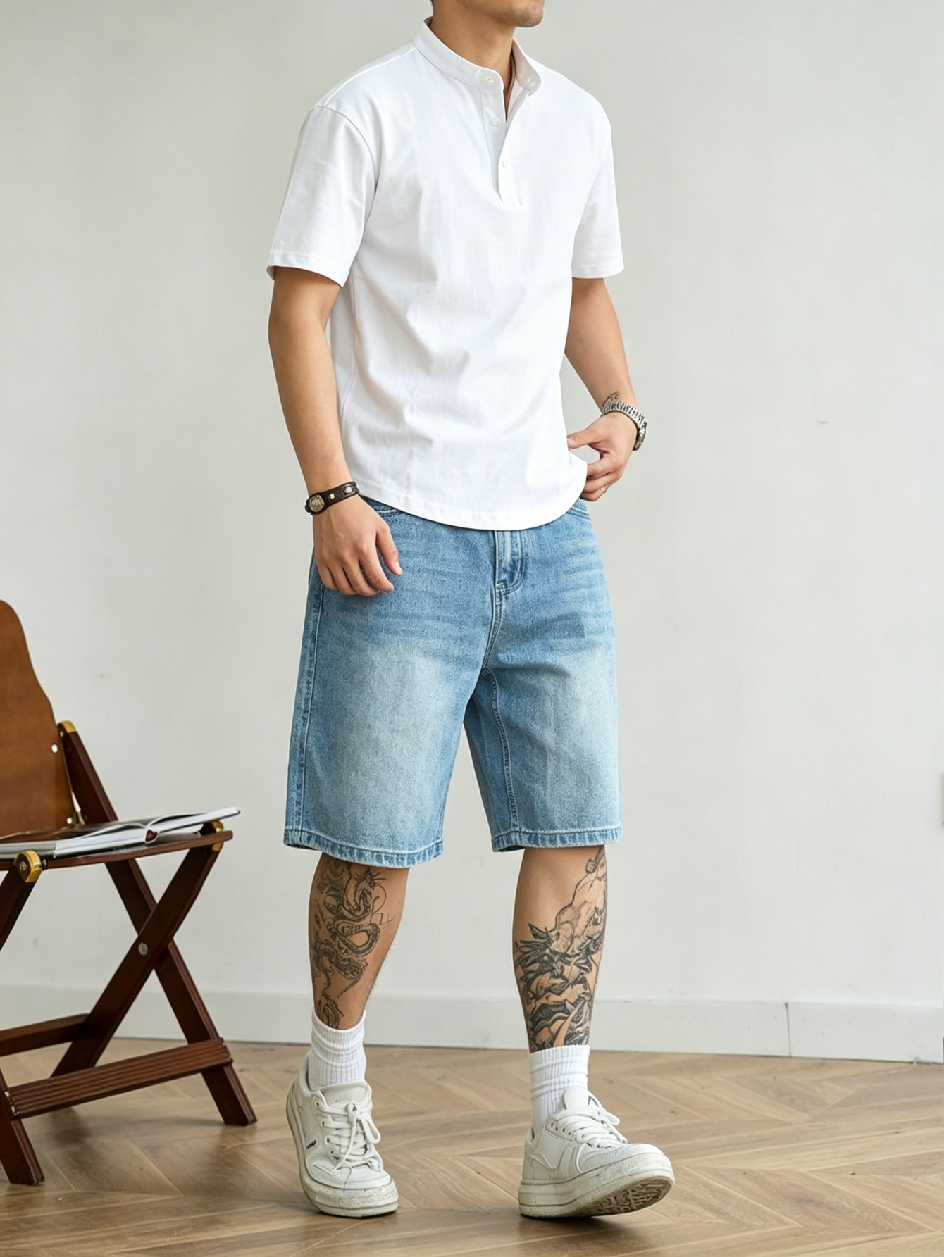 Korean Men Lifestyle - ルーズカットのブルーのノンストレッチデニムショートパンツ、男性用カジュアルファッションスタイル、耐久性のある素材、日常生活、アウトドア、レジャー、夏の着用に。