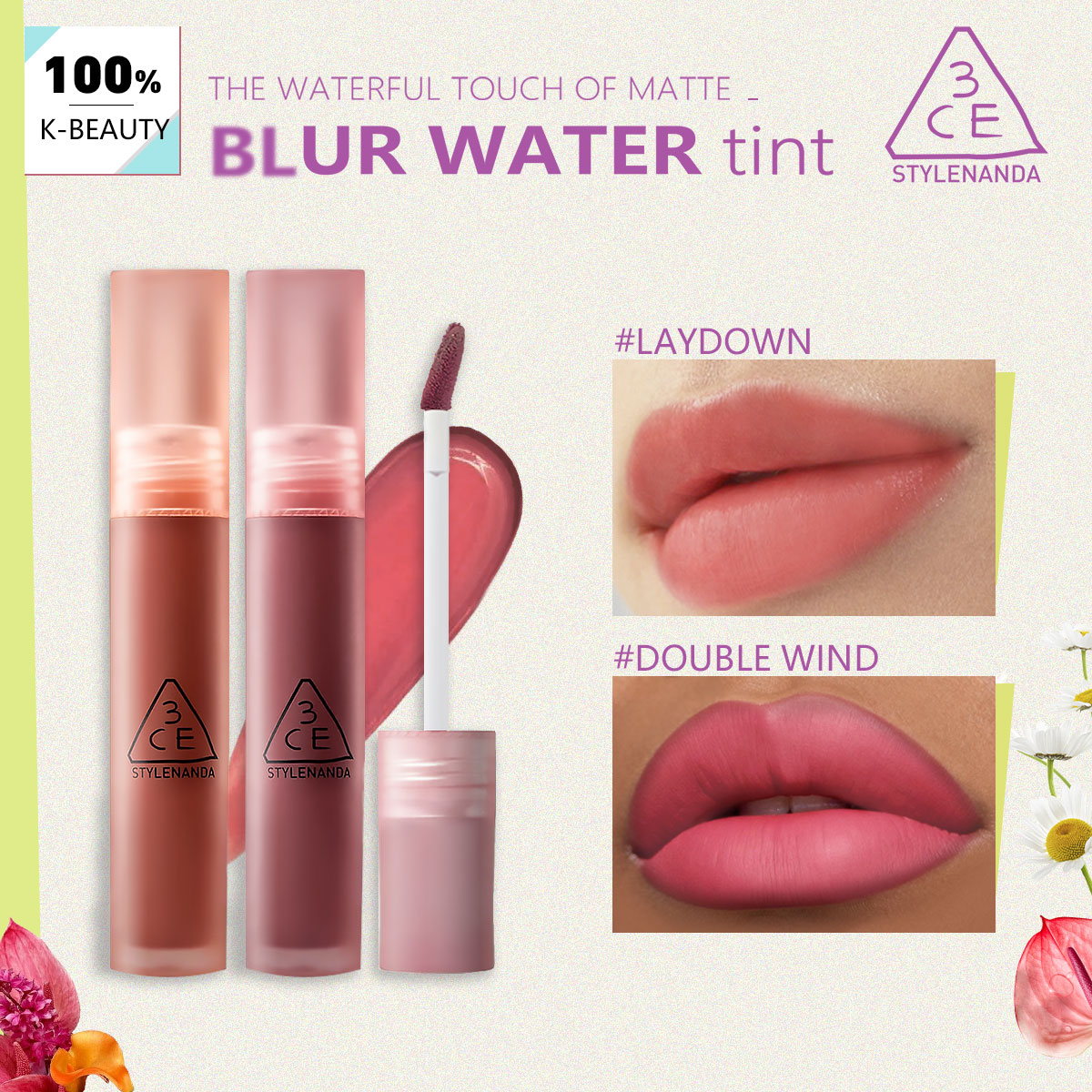 Lip Tint Korean - 3CE BLUR WATER TINT、重ね塗り可能なカラー効果 ​ 長時間持続、自然なつやのある仕上がり