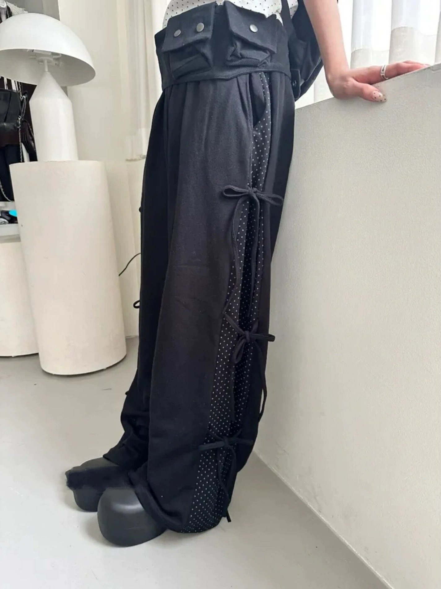 秋冬ポルカドットスプライスカラーブロックベルト付きカジュアル - Korean Pants Lifestyle のレビューと価格